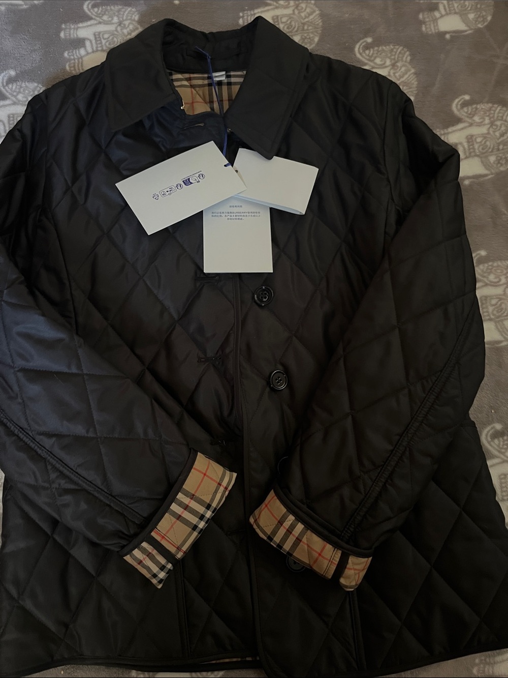 Burberry Black Quilted Jacket with Plaid Trim